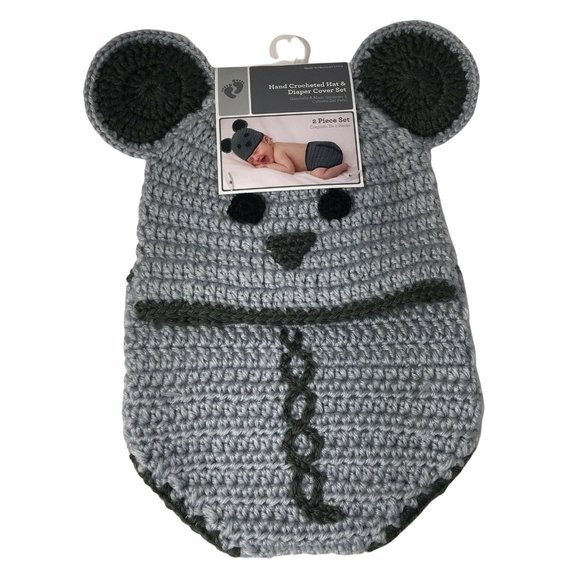 Hand Crocheted Hat And Diaper Cover Mouse Sz 0-9 Months Infant Baby Photo New - Picture 1 of 12